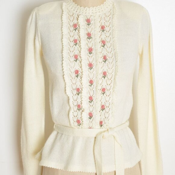 vintage 70s sweater cream pointelle rosettes belted hippie boho jumper top S - Picture 2 of 10